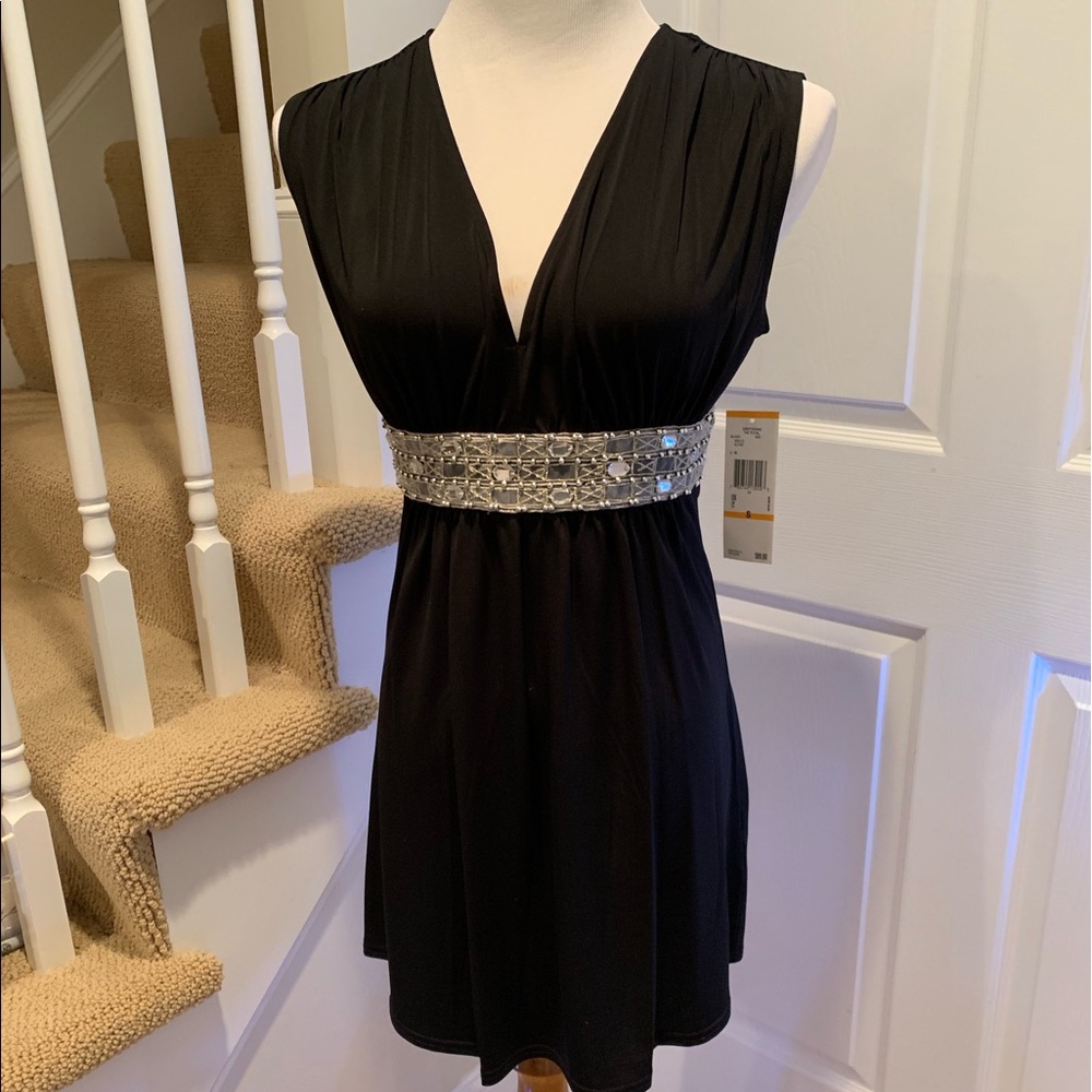 NWT, short black dress w embellishment at waist.